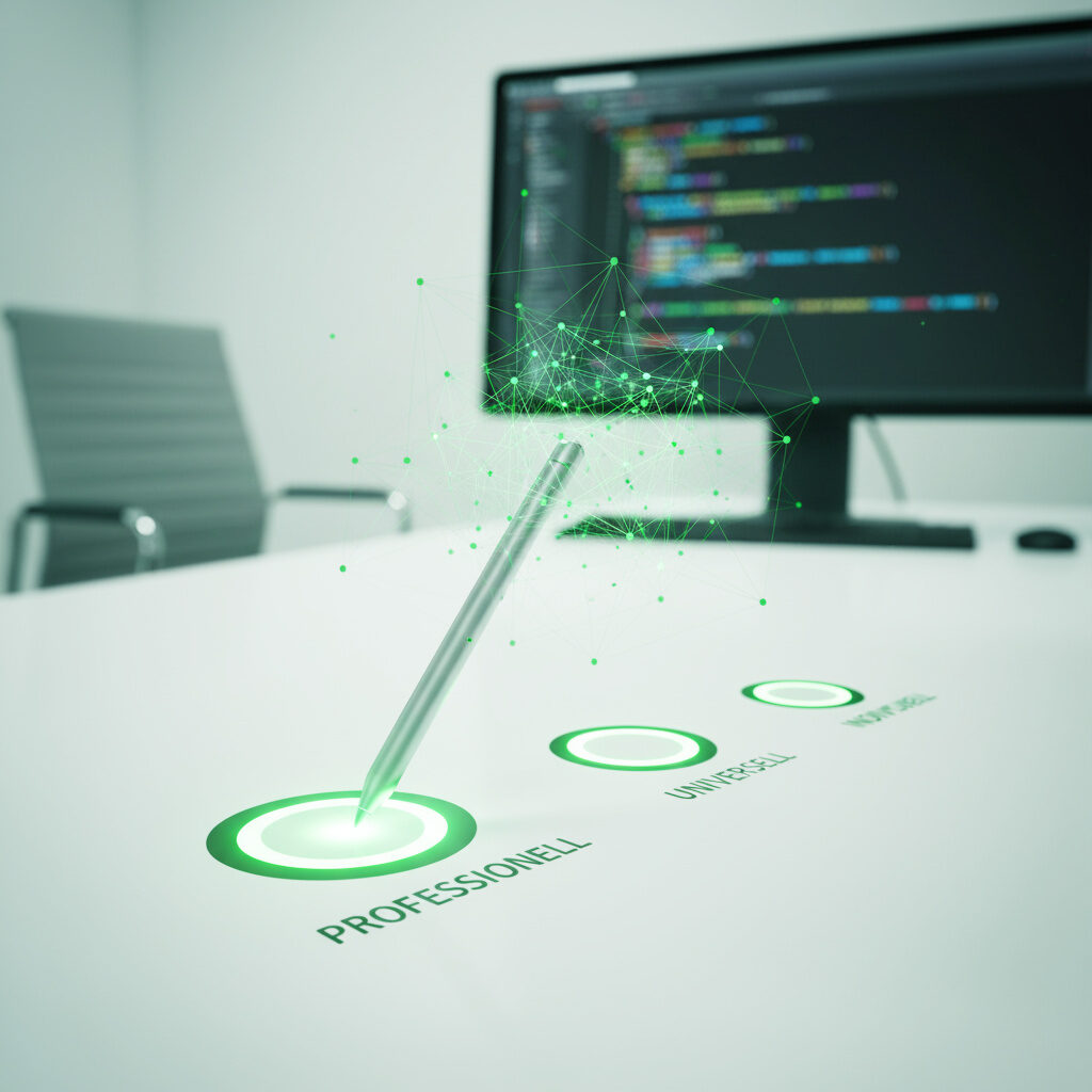 Professionelles Webdesign von Mediafrosch, ein Bild mit futuristischer Darstellung eines Stiftes, der von vielen grünen Knotenpunkten umgeben ist und auf eine Kreisfläche auf dem Schreibtisch zeigt, welche die Bezeicnung Professionell trägt und im Hintergrund ein Bildschirm zu sehen ist.